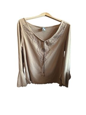 Dori Women’s 2XL Tan Long Sleeve Embroidered V-Neck Boho Bell Sleeve Top Blouse